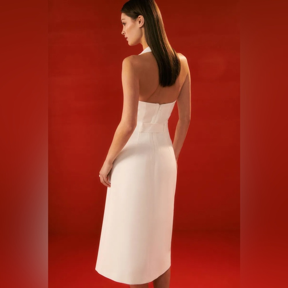 Karen Millen New Petite Compact Stretch Belted Aline Midi Dress‎ ivory